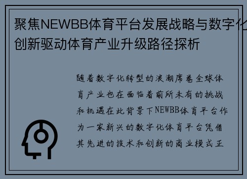 聚焦NEWBB体育平台发展战略与数字化创新驱动体育产业升级路径探析